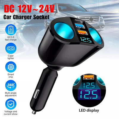5-in-1 Car Charger Adapter with Digital Voltage Display – USB & Type-C Fast Charging For iPhone Samsung Xiaomi