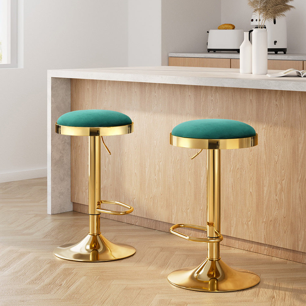 2x Artiss Bar Stools Kitchen Dining Chairs Velvet Padded Stool Green Artiss