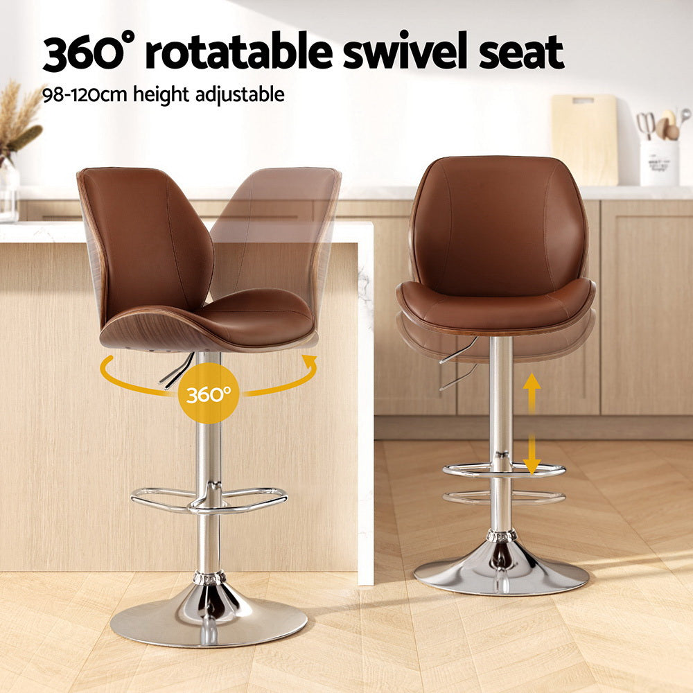 Artiss 4X Bar Stools Bentwood Adjustable Kitchen Counter Chair Leather Brown Awezingly
