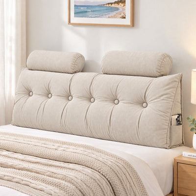 Artiss Headboard Pillow Queen Wedge Backrest Triangular with 2 Cushions Beige