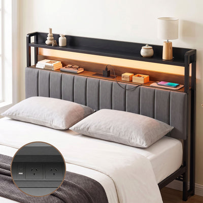 Artiss King Headboard Charging Station Storage LED Light Grey Upholstered