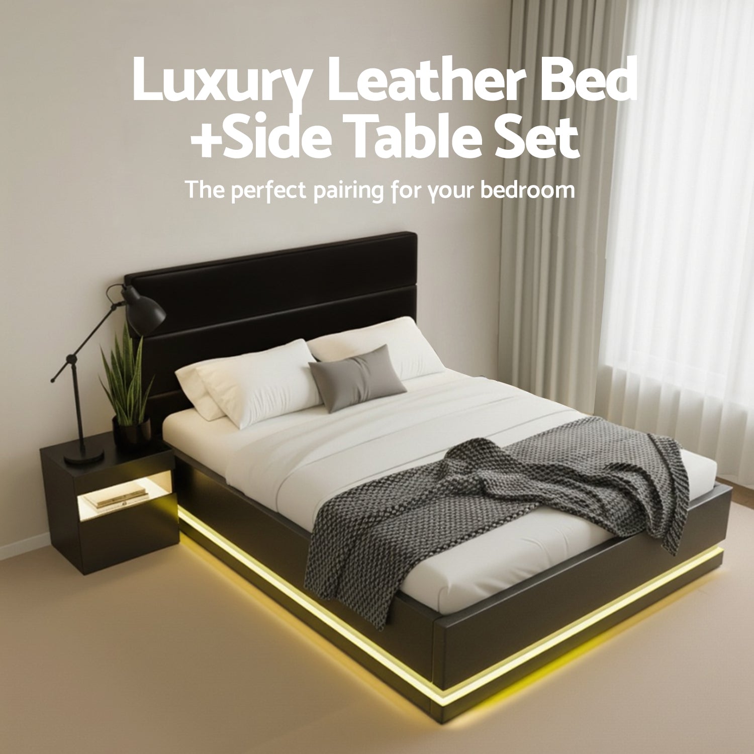 Artiss RGB LED Double Bed Frame with Beside Table Set 16 Colour Mood Lighting Awezingly