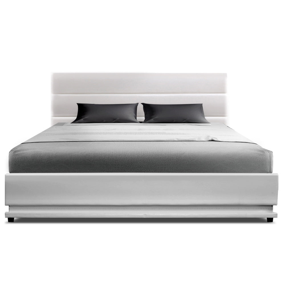 Artiss RGB LED Bed Frame Double Full Size Gas Lift Base Storage White Leather LUMI Artiss