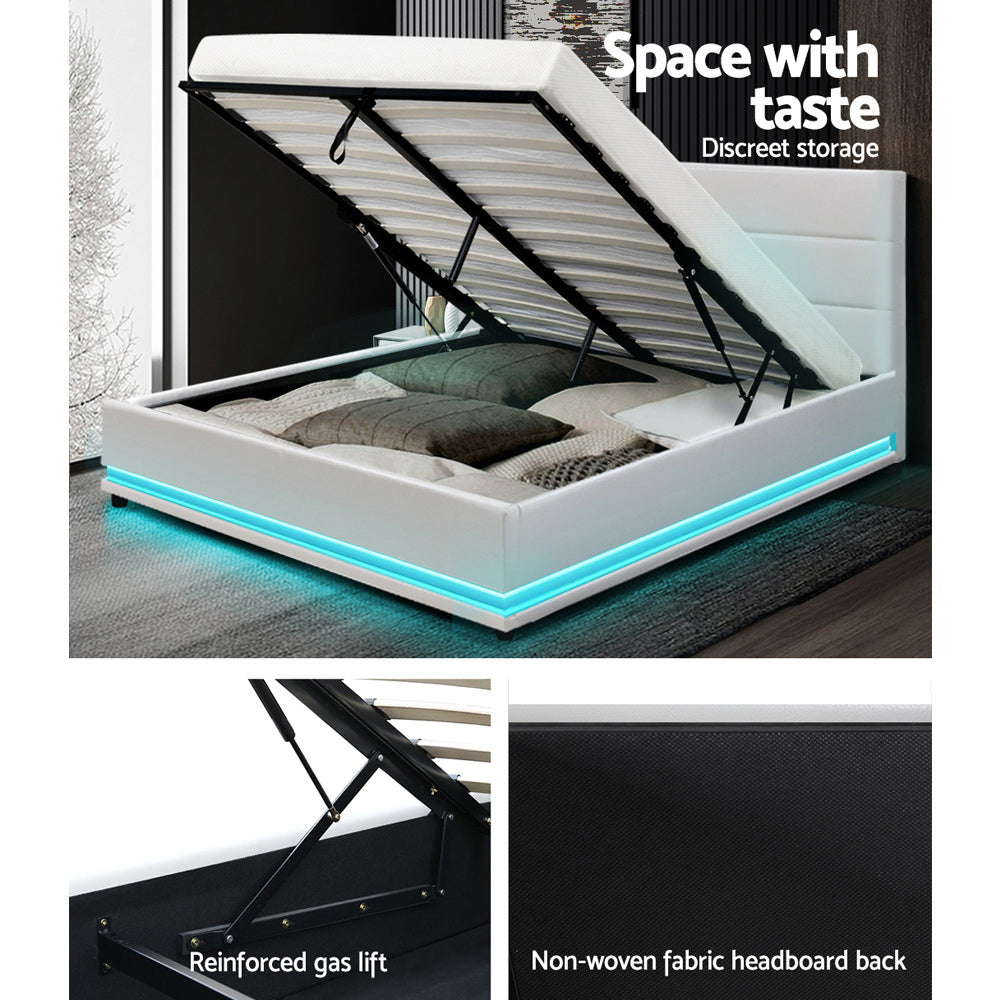 Artiss RGB LED Bed Frame Double Full Size Gas Lift Base Storage White Leather LUMI Artiss