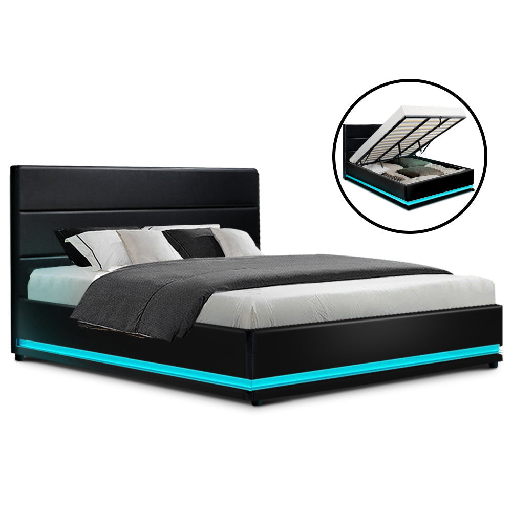 Artiss RGB LED Bed Frame King Size Gas Lift Base Storage Black Leather LUMI Artiss