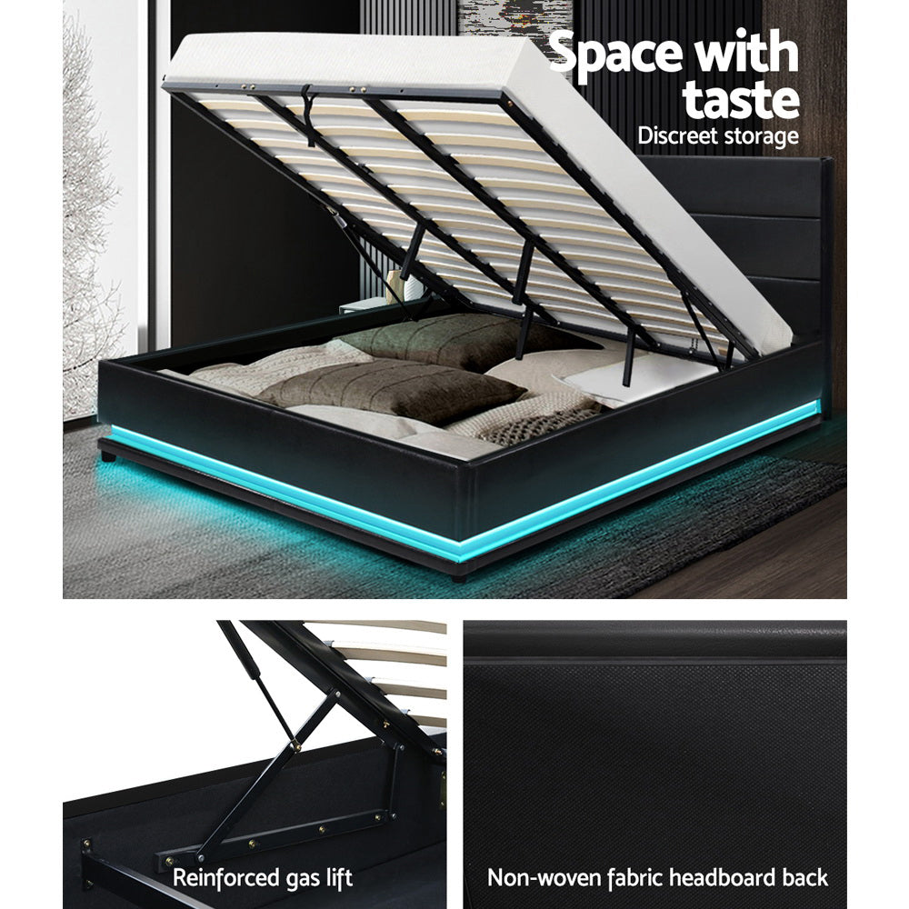 Artiss RGB LED Bed Frame King Size Gas Lift Base Storage Black Leather LUMI Artiss