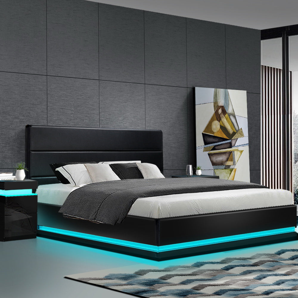 Artiss RGB LED Bed Frame King Size Gas Lift Base Storage Black Leather LUMI Artiss