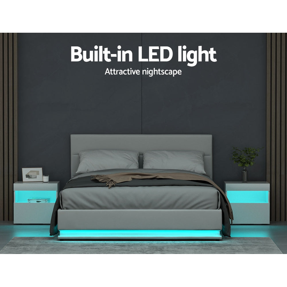 Artiss Lumi LED Bed Frame PU Leather Gas Lift Storage - White Queen Artiss