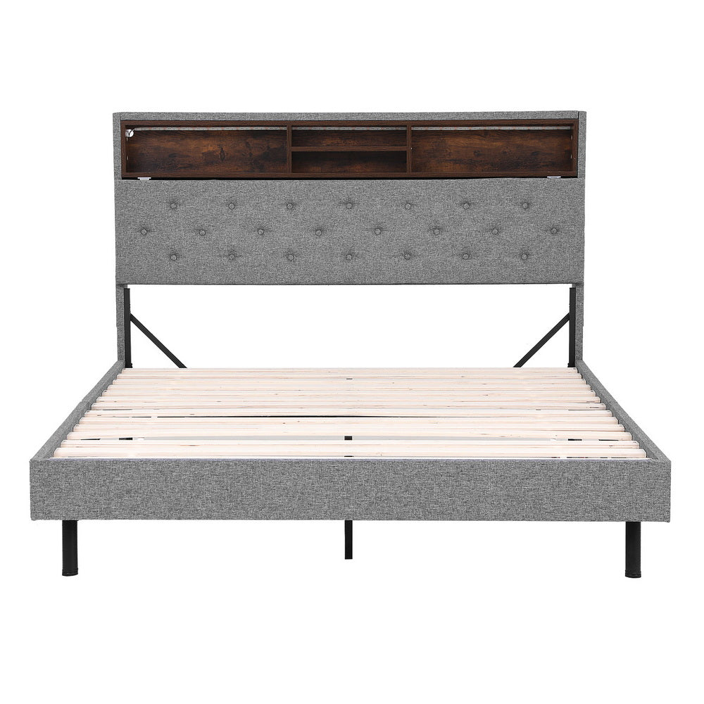 Artiss Bed Frame Queen Size LED Mattress Base Platform with Storage Shelf Hidden Storage Box Grey Awezingly