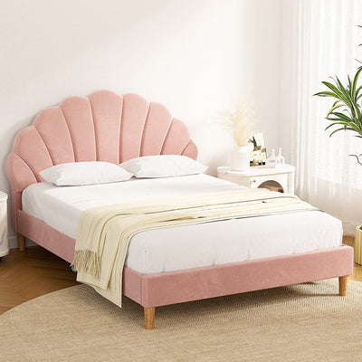 Artiss Bed Frame Double Size Scallop-Shape Bedhead Beds Base Pink Velvet Fabric