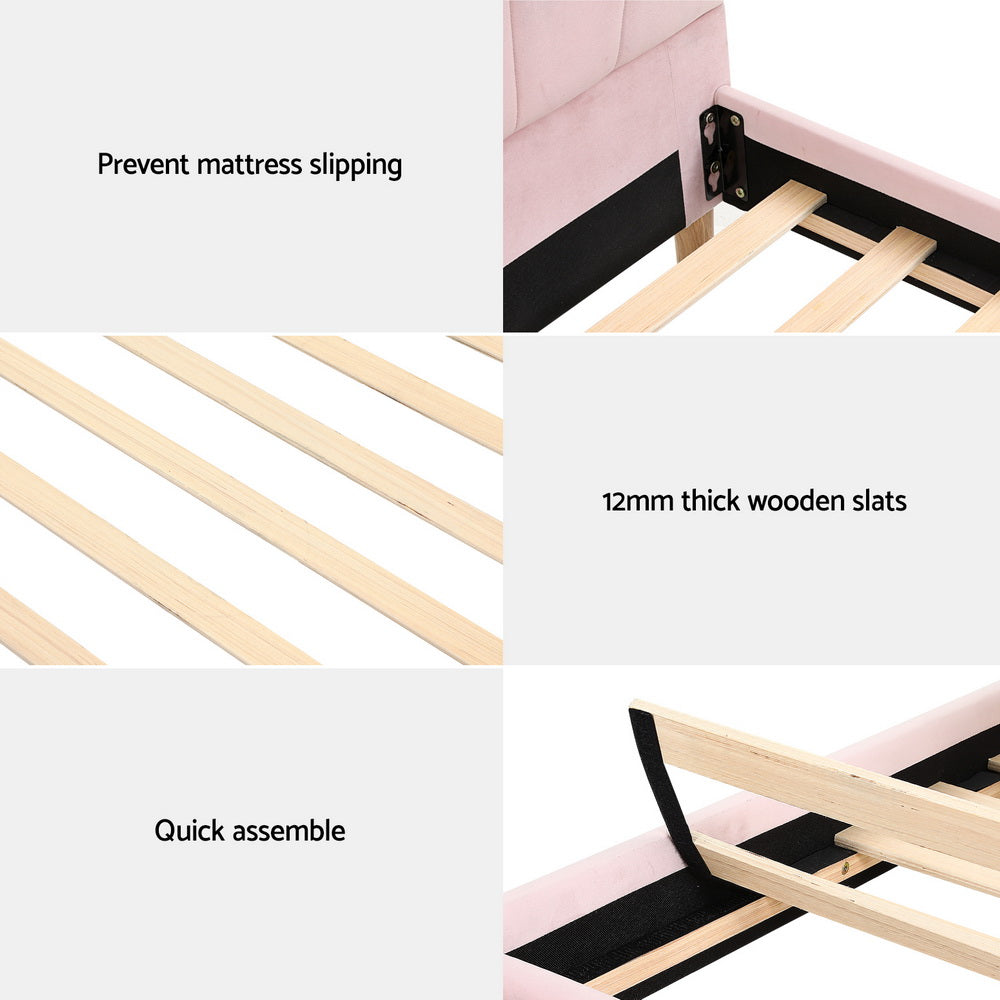 Artiss Bed Frame King Single Size Scallop-Shape Bedhead Beds Base Pink Velvet Fabric Artiss