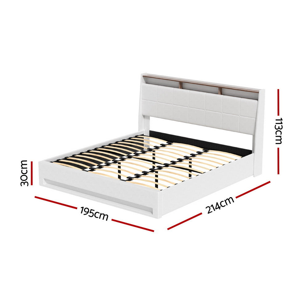 Artiss Bed Frame Gas Lift LED Beds Base Platform White PVC Leather Storage Headboard - King Artiss