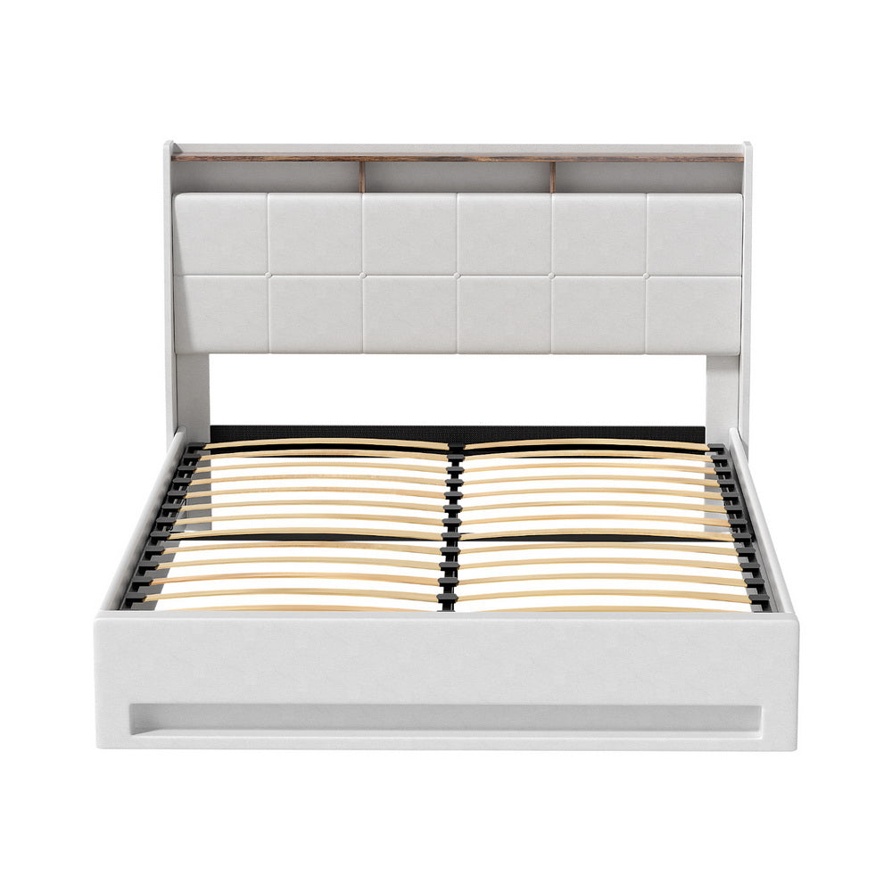 Artiss Bed Frame Gas Lift LED Beds Base Platform White PVC Leather Storage Headboard - Queen Artiss