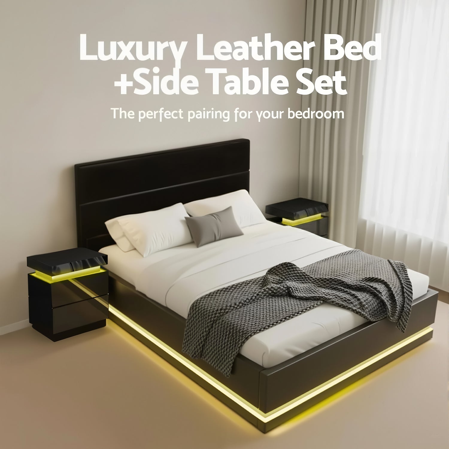 Artiss RGB LED Queen Bed Frame with 2 Beside Tables Set 16 Colour Mood Lighting Awezingly