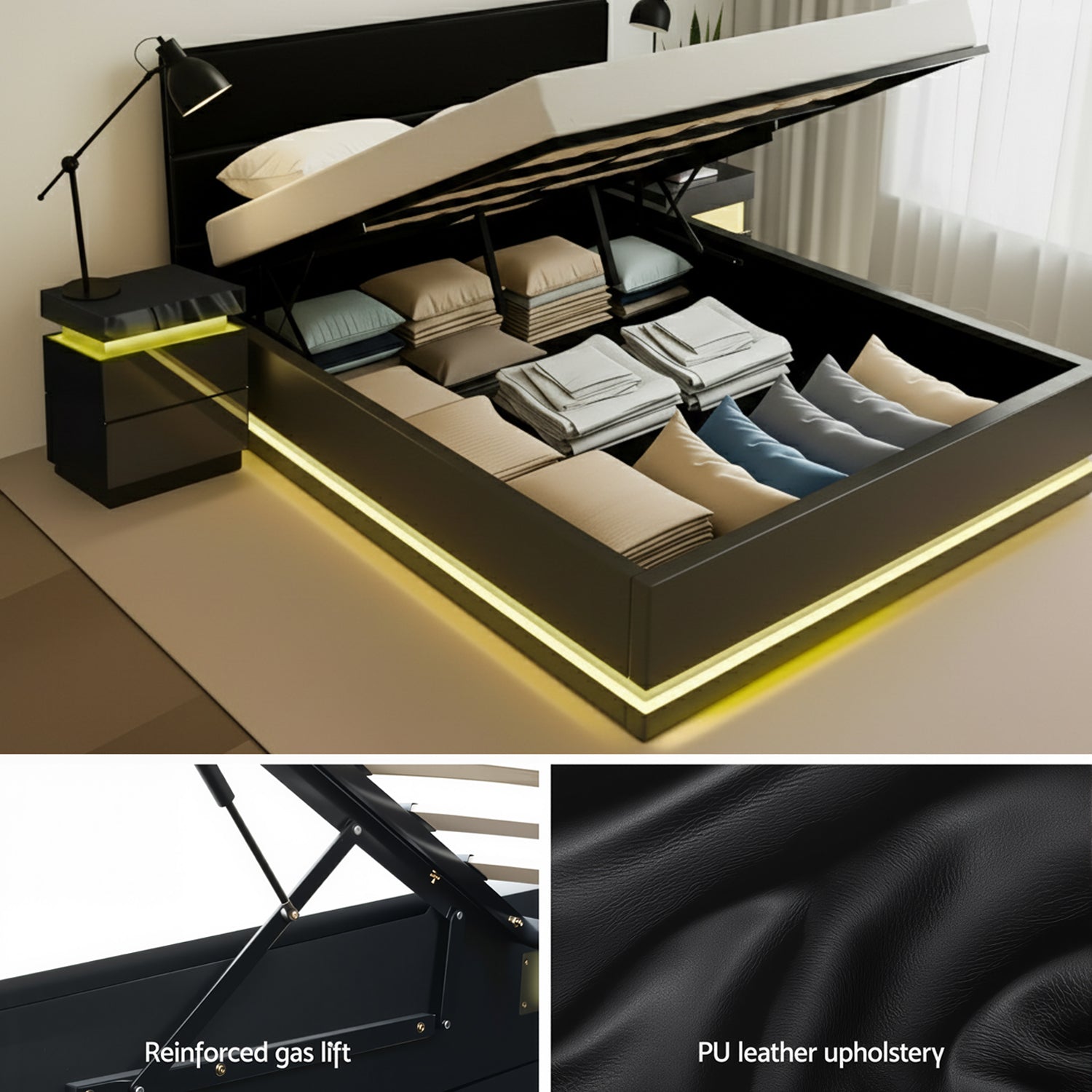 Artiss RGB LED Queen Bed Frame with 2 Beside Tables Set 16 Colour Mood Lighting Awezingly