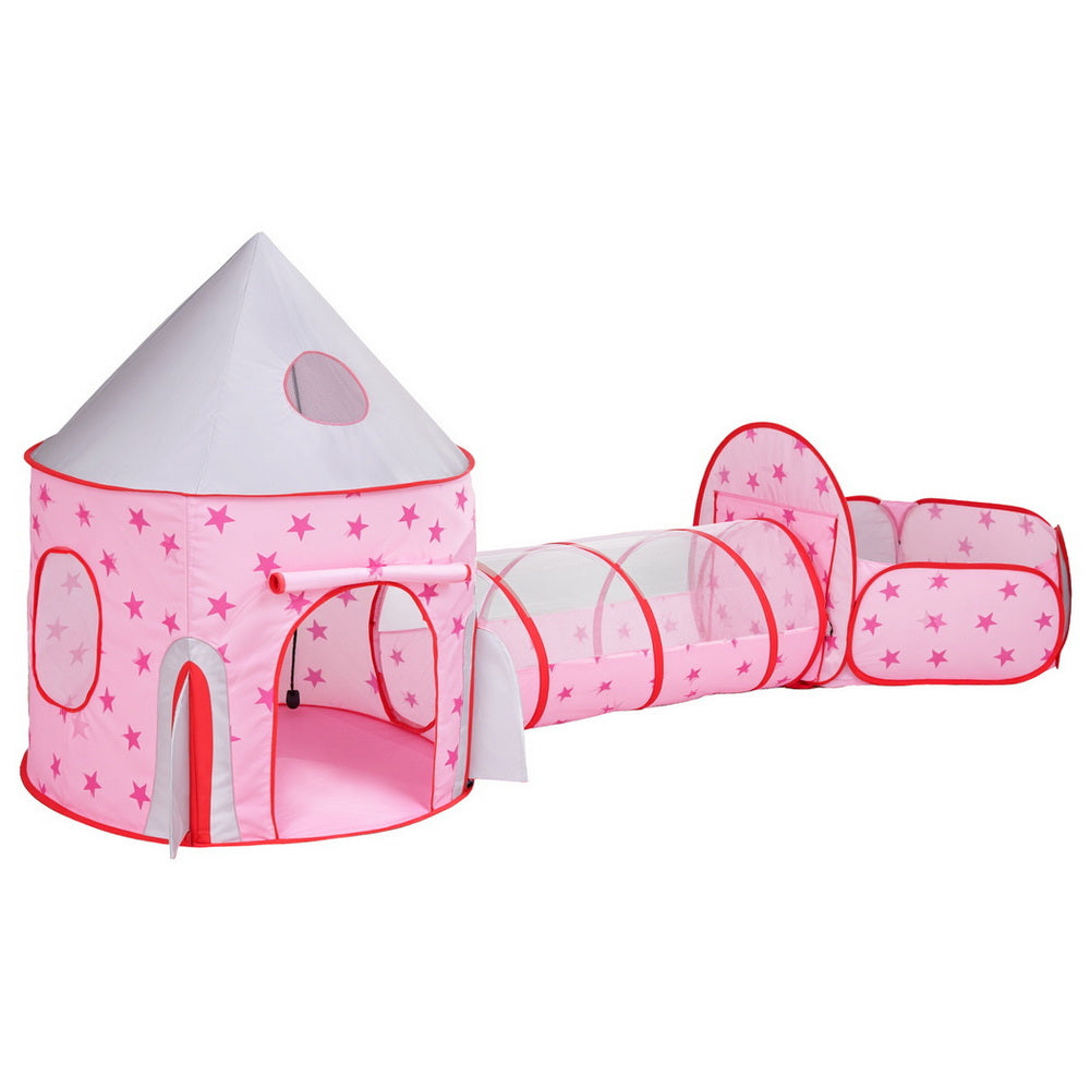 Keezi Kids Playhouse Play Tent Pop Up Castle Crawl Tunnel Basketball Hoop Pink Awezingly