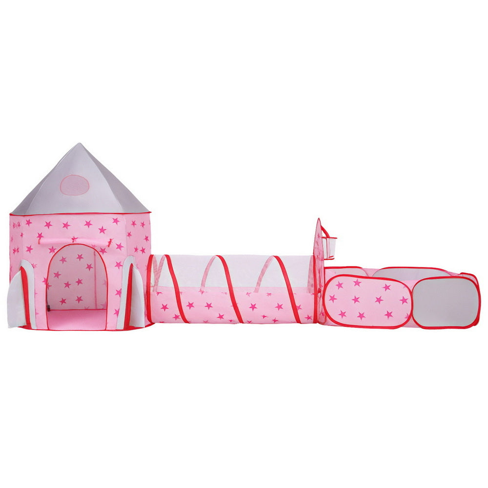 Keezi Kids Playhouse Play Tent Pop Up Castle Crawl Tunnel Basketball Hoop Pink Awezingly