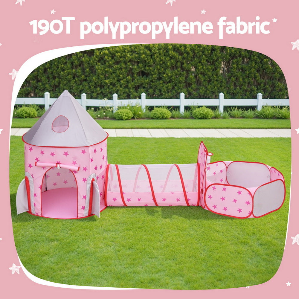Keezi Kids Playhouse Play Tent Pop Up Castle Crawl Tunnel Basketball Hoop Pink Awezingly