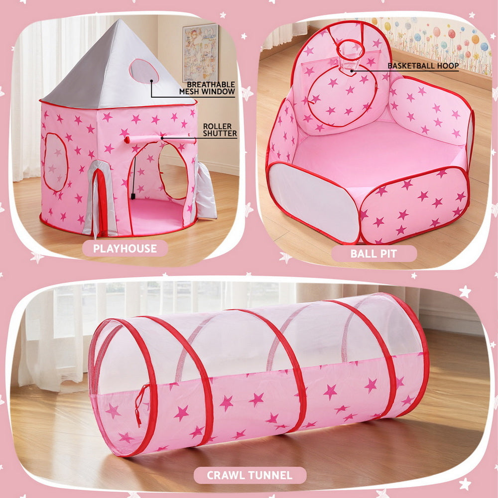 Keezi Kids Playhouse Play Tent Pop Up Castle Crawl Tunnel Basketball Hoop Pink Awezingly