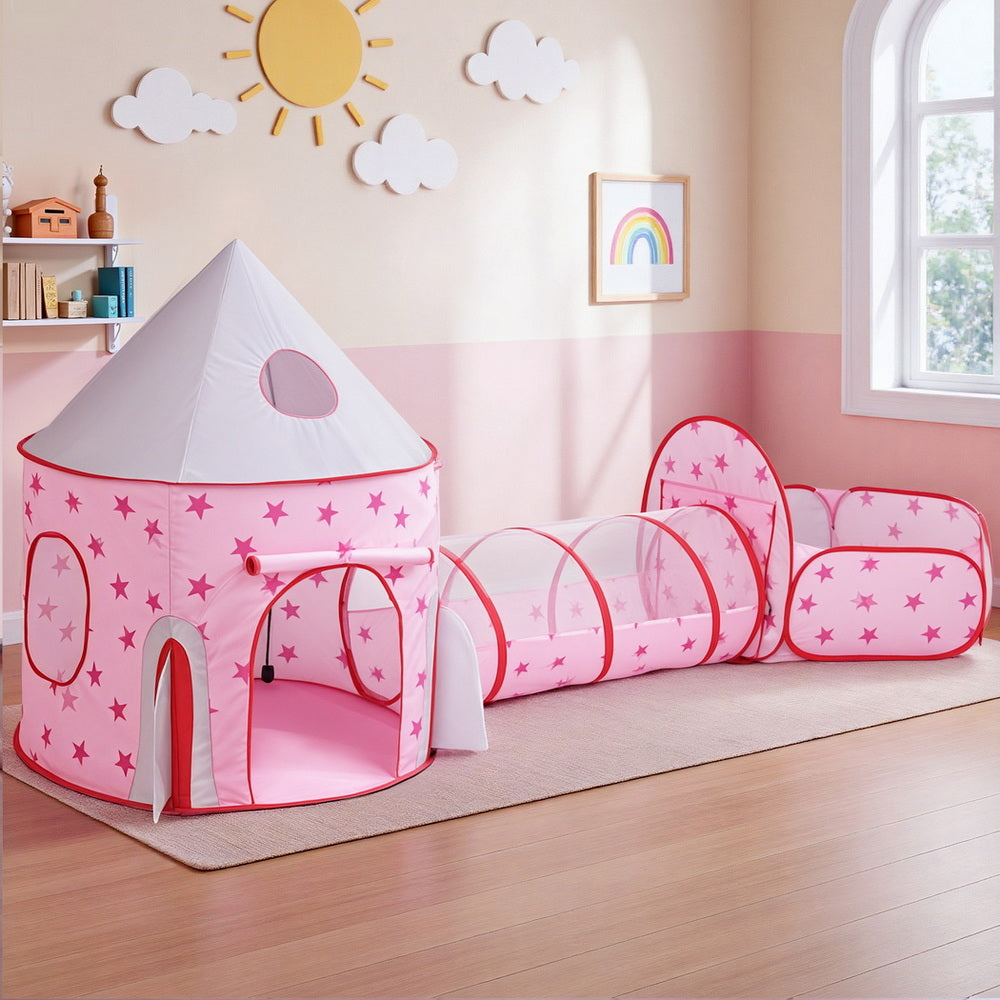 Keezi Kids Playhouse Play Tent Pop Up Castle Crawl Tunnel Basketball Hoop Pink Awezingly