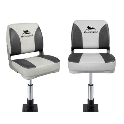Seamanship 2X Folding Boat Seats with 2X Adjustable Pedestals 34–46cm Marine Swivel Low Back 13cm Padding Charcoal