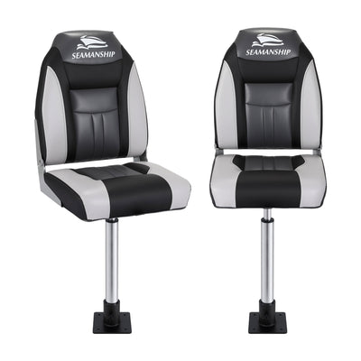 Seamanship 2X Folding Boat Seats with 2X Adjustable Pedestals 55–75cm Marine Seat Swivel High Back 12cm Padding Black
