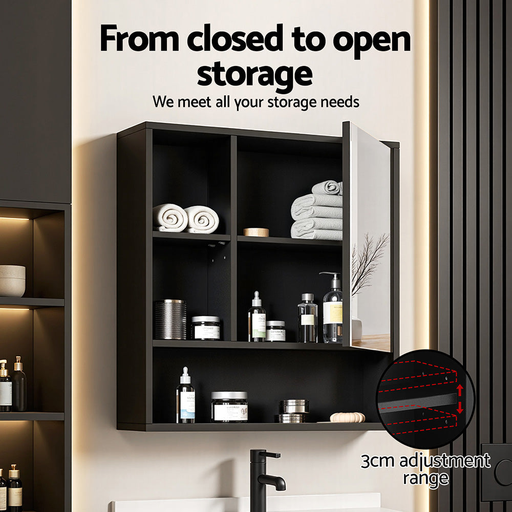 Cefito Bathroom Mirror Cabinet Mirrored Medicine Adjustable Shelf Wall Mounted 560mm Black Awezingly