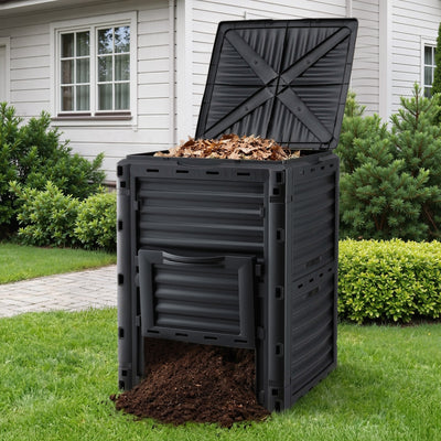 Gardeon Compost Bin 300L Heavy-Duty Black Outdoor Composter with Top Lid Bottom Door