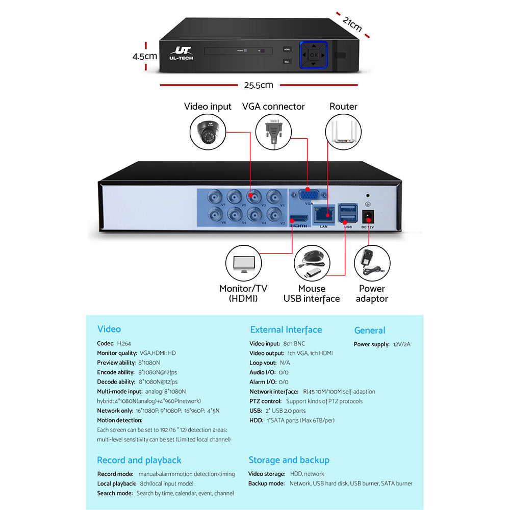 UL-tech CCTV 8 Dome Cameras Home Security System 8CH DVR 1080P 1TB IP Day Night UL-TECH