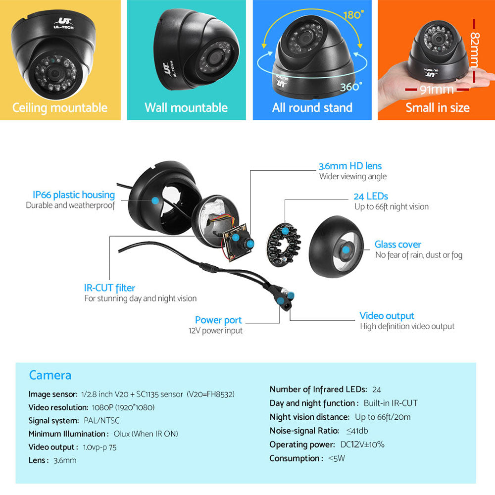 UL-tech CCTV 8 Dome Cameras Home Security System 8CH DVR 1080P 1TB IP Day Night UL-TECH