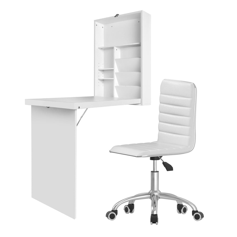Artiss Computer Desk Office Chair Set PU Leather Wall Mount Foldable Table White Awezingly