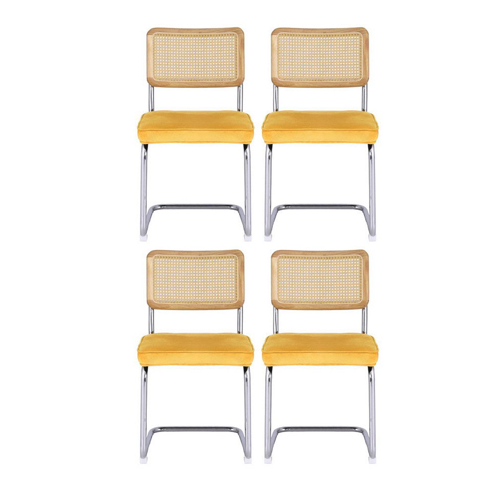 Artiss Dining Chairs Set of 4 Velvet Rattan Cantilever Yellow Artiss