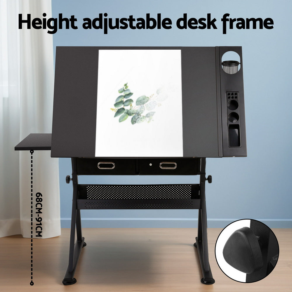 Artiss Drawing Desk Stool Set Drafting Table Adjustable Angle Tilt Drawers Black Awezingly