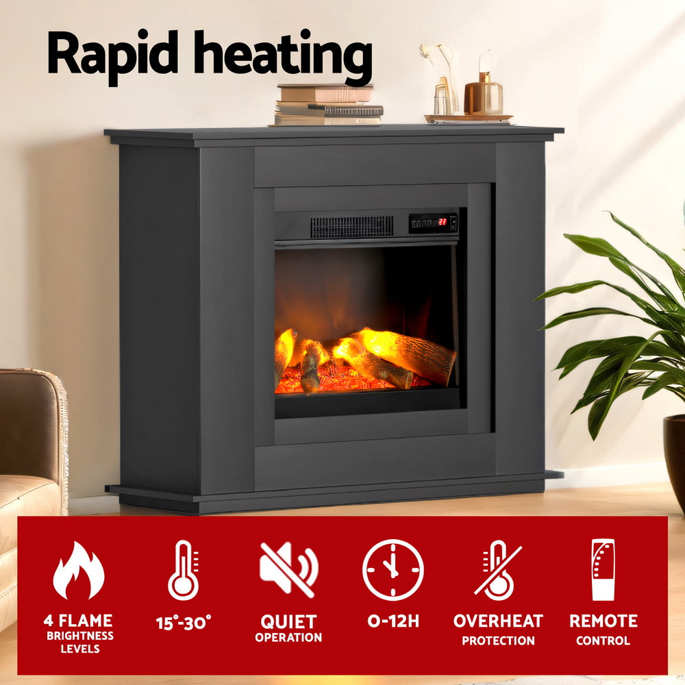 Devanti 2000W Electric Fireplace Mantle Portable Fire Log Wood Heater 3D Flame Effect Black Devanti