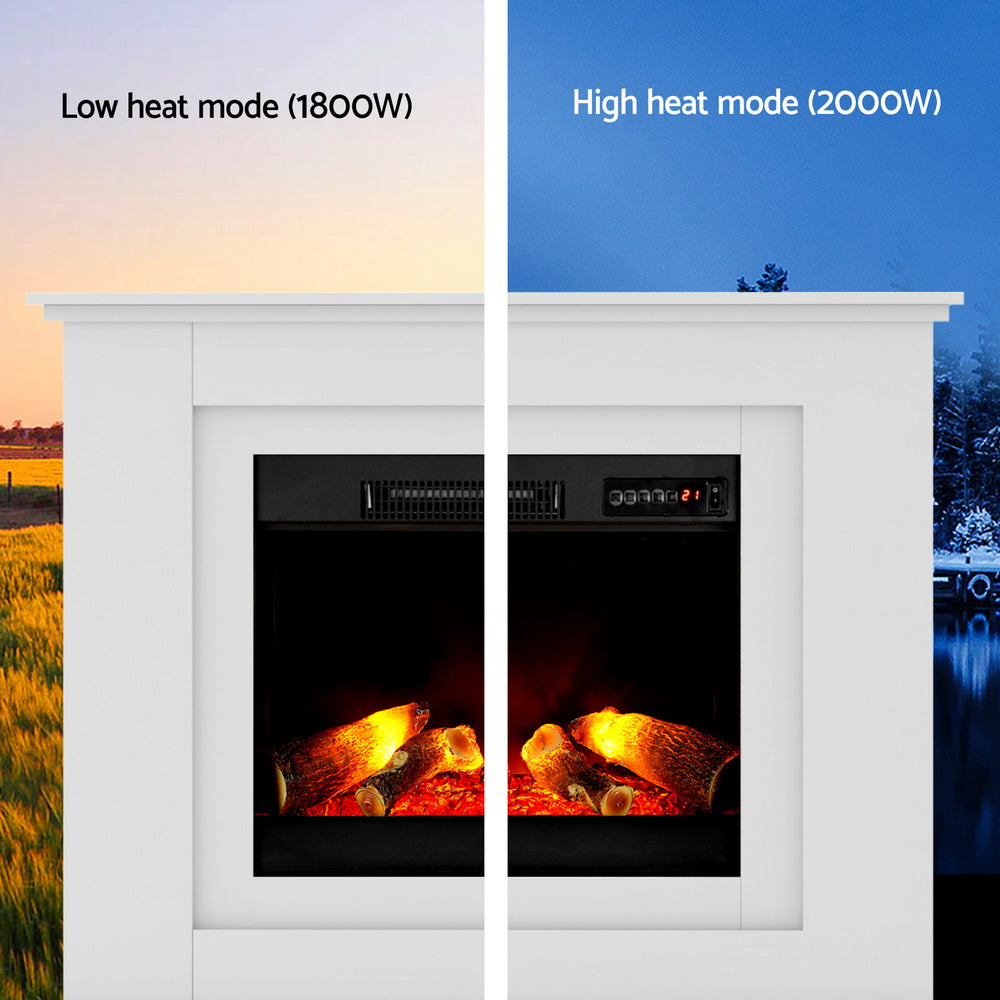 Devanti 2000W Electric Fireplace Mantle Portable Fire Log Wood Heater 3D Flame Effect White Devanti