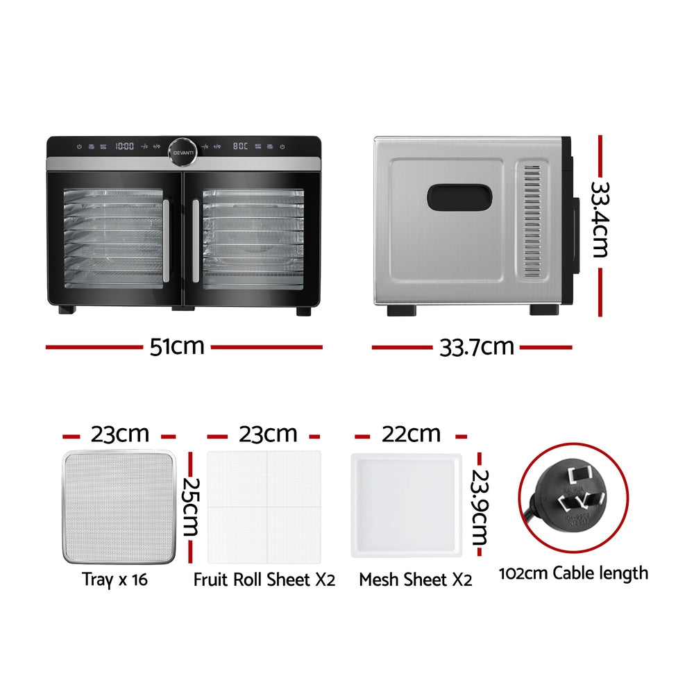 Devanti 16 Trays Food Dehydrator Dual-Zone Stainless Steel Devanti