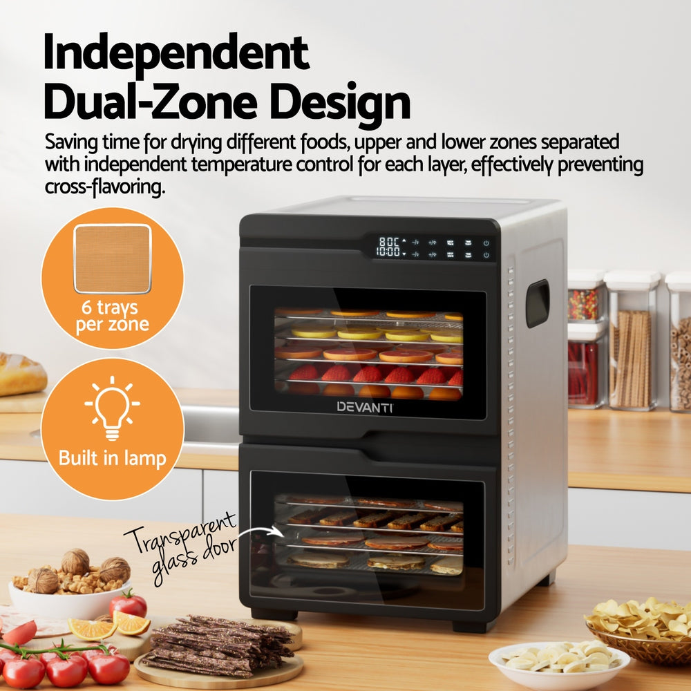 Devanti 12 Trays Food Dehydrator Dual-Zone Stainless Steel Fruit Jerky Dryer Devanti