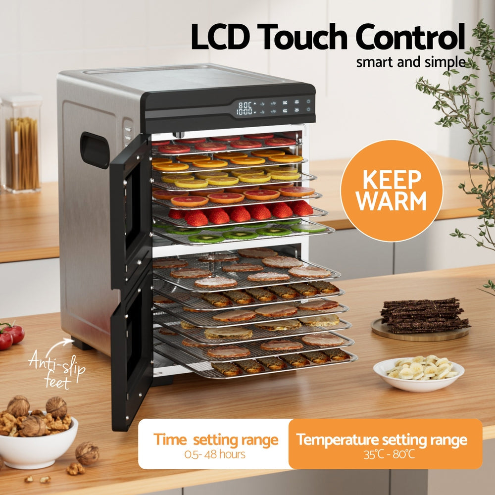 Devanti 12 Trays Food Dehydrator Dual-Zone Stainless Steel Fruit Jerky Dryer Devanti