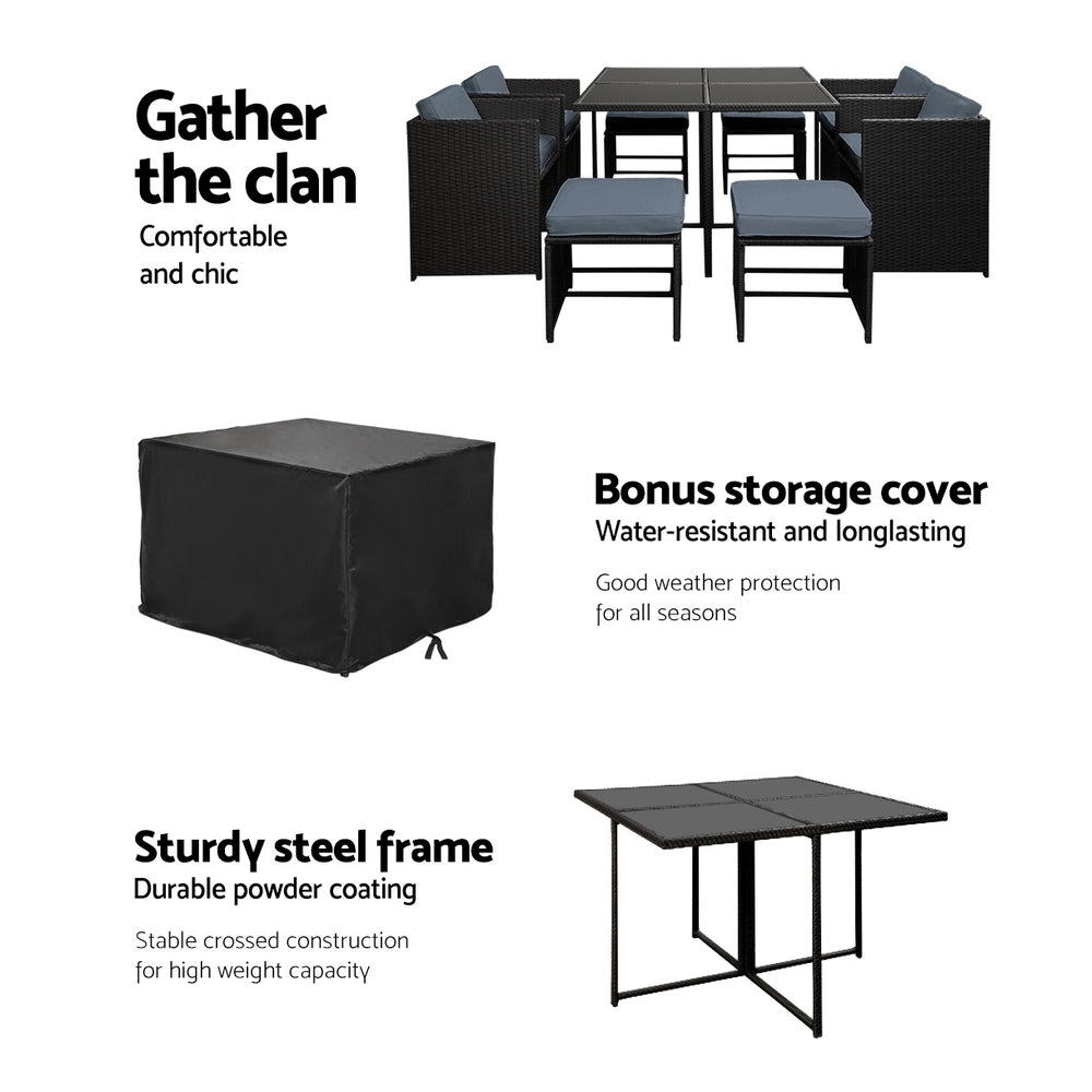 Gardeon 9 Piece Wicker Outdoor Dining Set - Black & Grey Gardeon