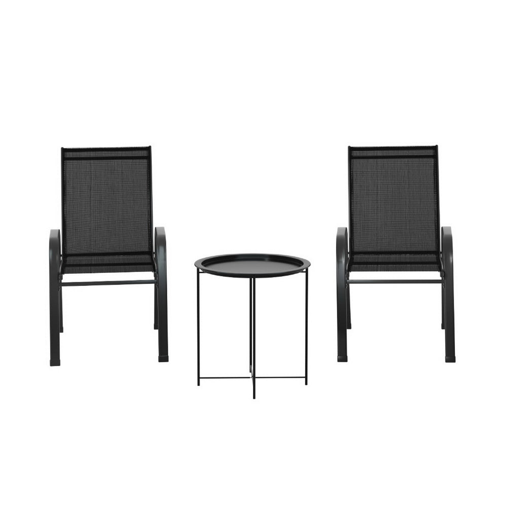 Gardeon 3PC Outdoor Bistro Set Patio Furniture Table and Chairs Stackable Black Gardeon