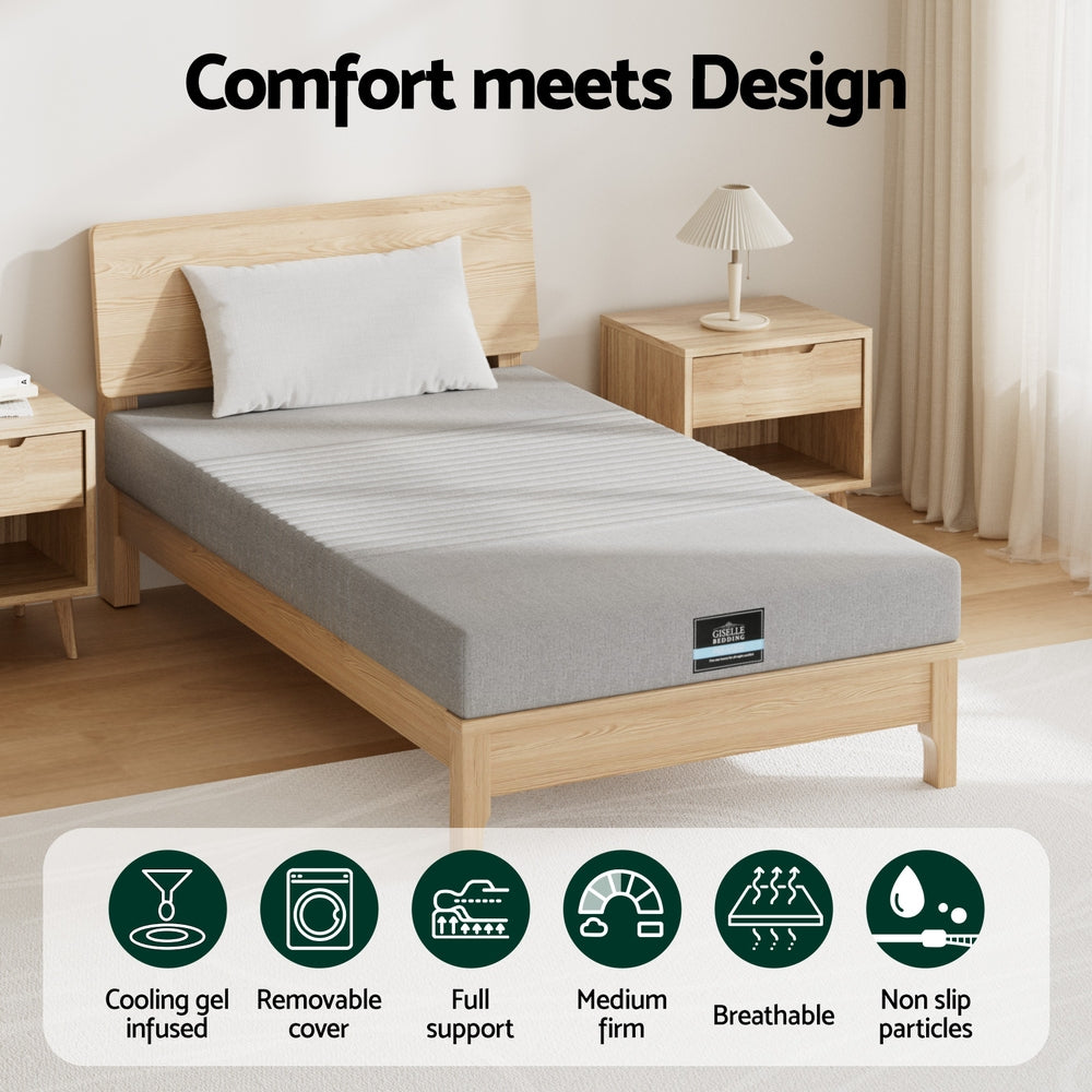 Giselle Bedding Cool Gel Memory Foam Mattress Charcoal 7-Zone Washable Bamboo Cover 15cm Single Awezingly