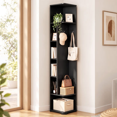 Artiss Corner Bookshelf 6-Tier Shelving with Coat Rack Black