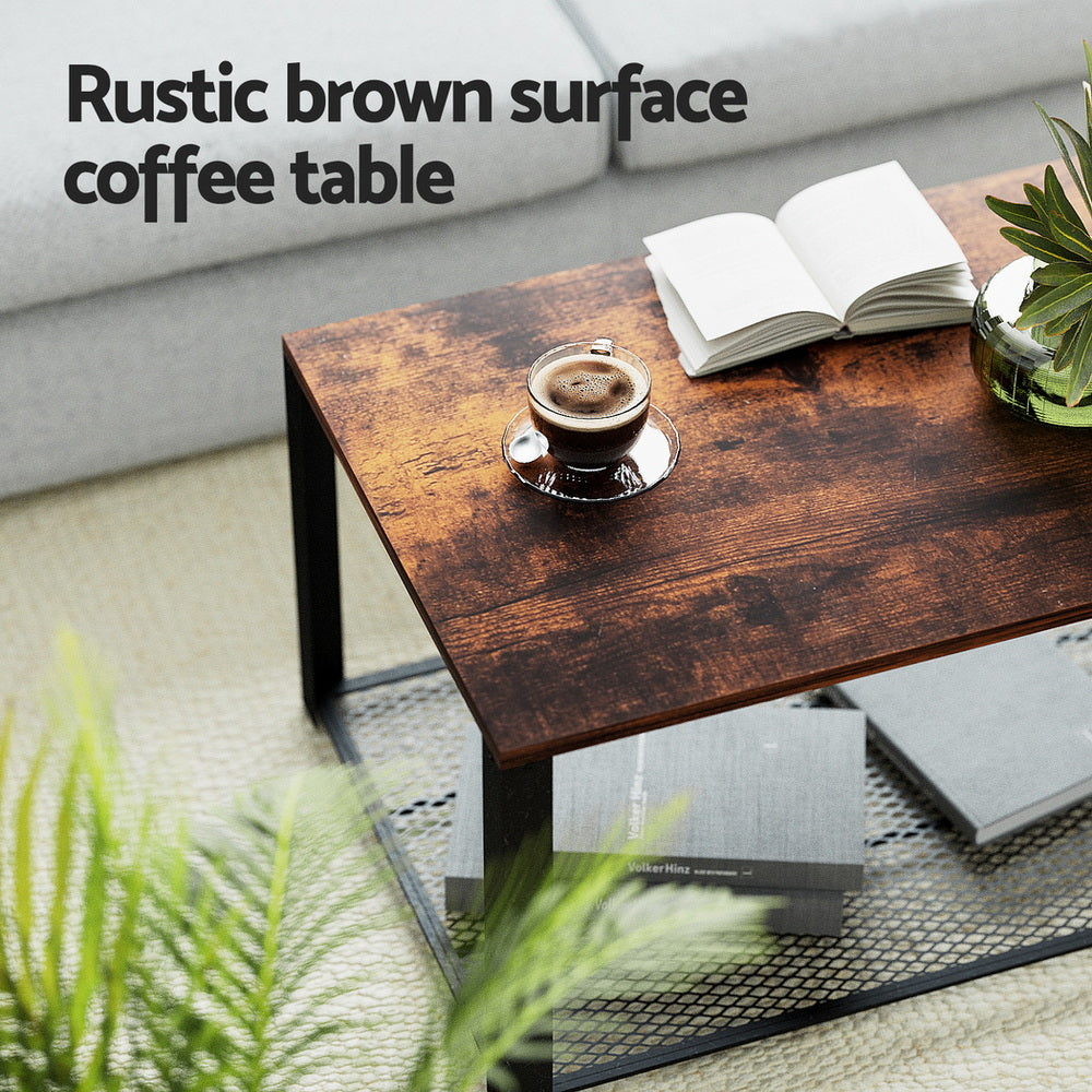 Artiss Coffee Table 2-Tier Rustic Brown 104CM Awezingly