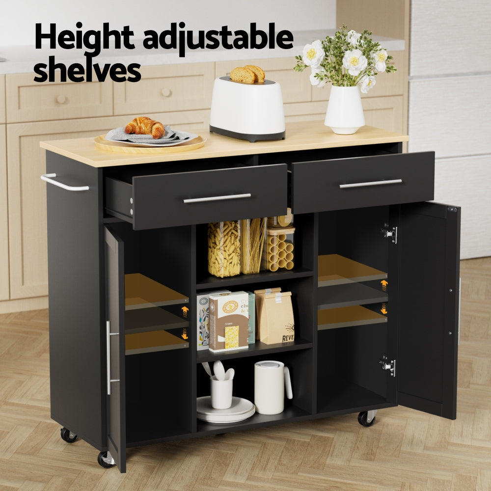 Artiss Kitchen Island Trolley Rolling Serving Cart Storage Drawer Cabinet 100cm Black Awezingly
