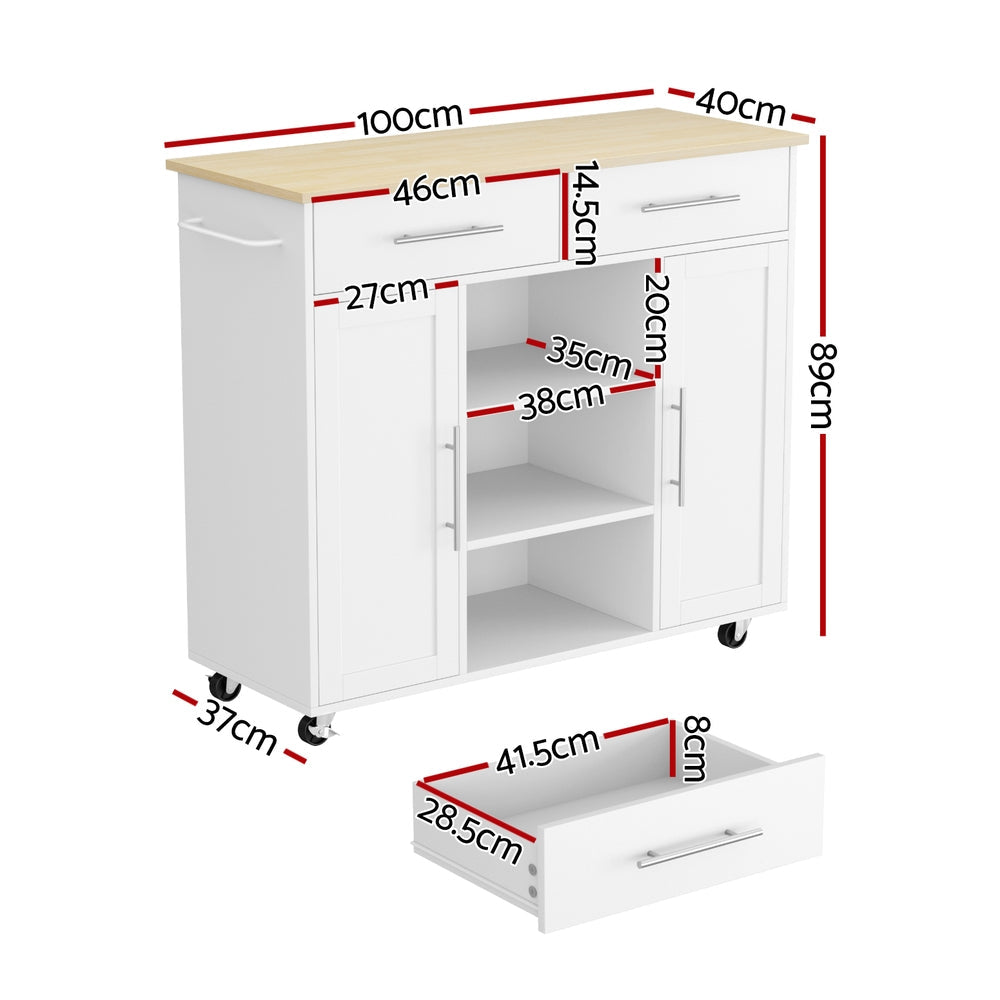 Artiss Kitchen Island Trolley Rolling Serving Cart Storage Drawer Cabinet 100cm White Awezingly