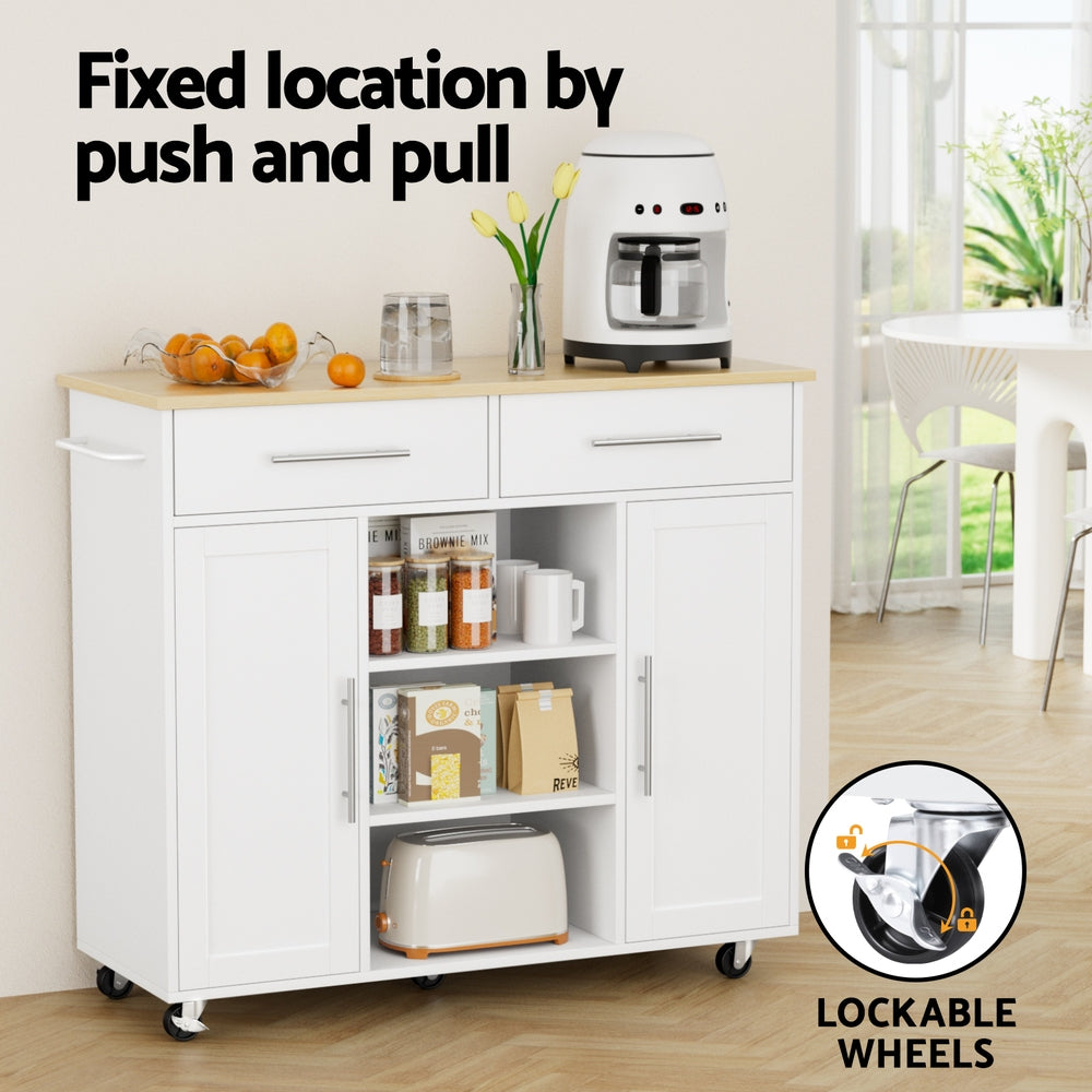 Artiss Kitchen Island Trolley Rolling Serving Cart Storage Drawer Cabinet 100cm White Awezingly