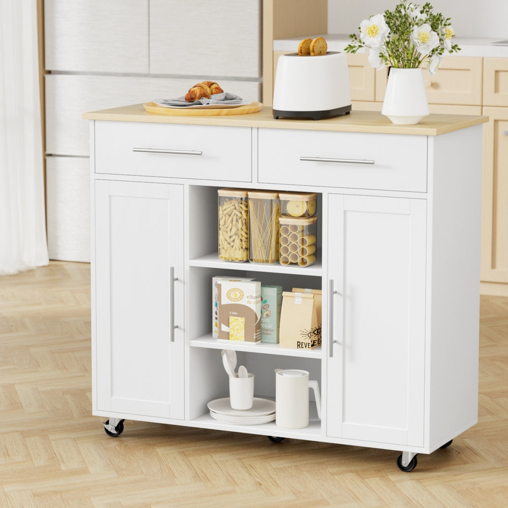Artiss Kitchen Island Trolley Rolling Serving Cart Storage Drawer Cabinet 100cm White Awezingly