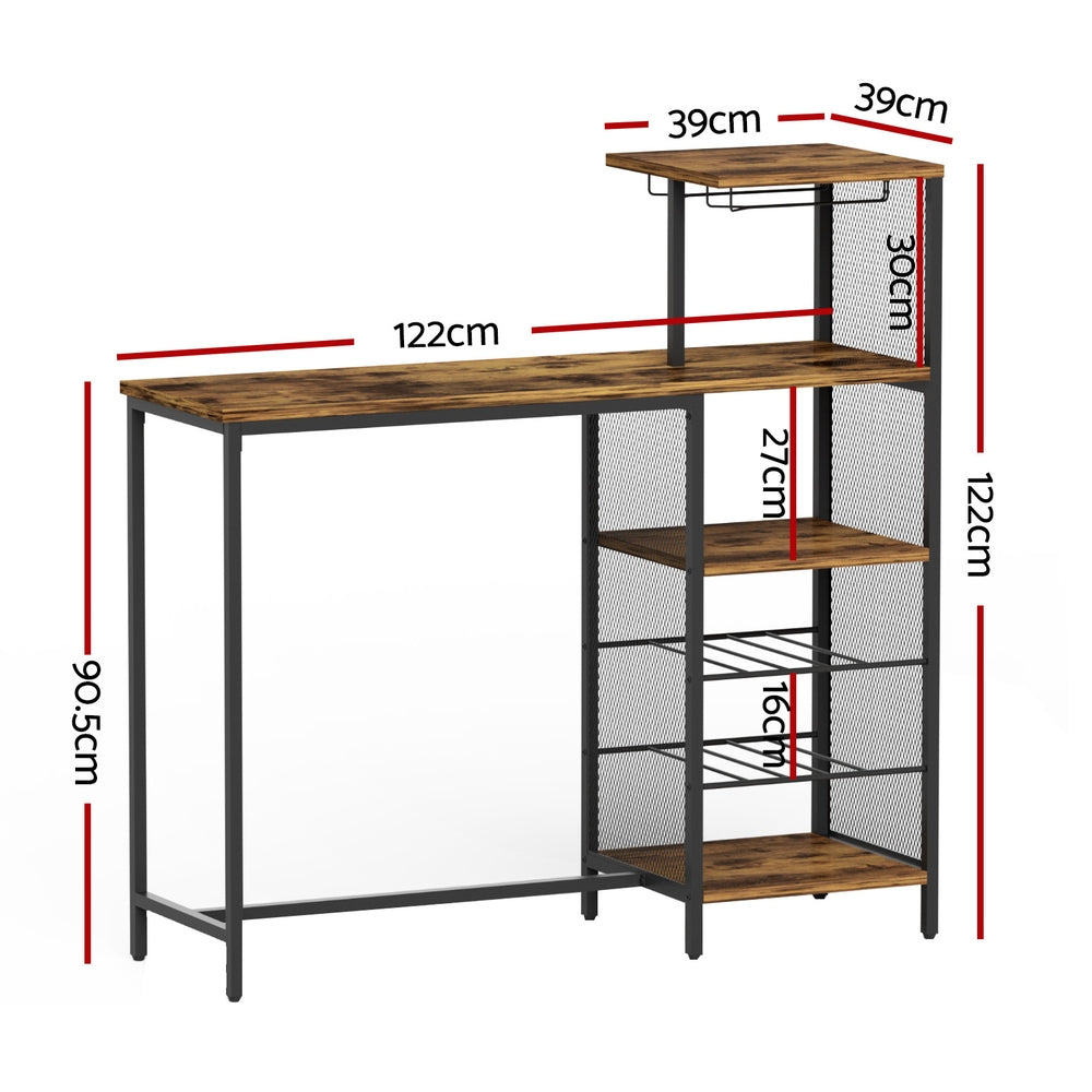 Artiss Industrial Bar Table with Wine Rack Cup Holder Multi-Level Storage 122cm Walnut Awezingly