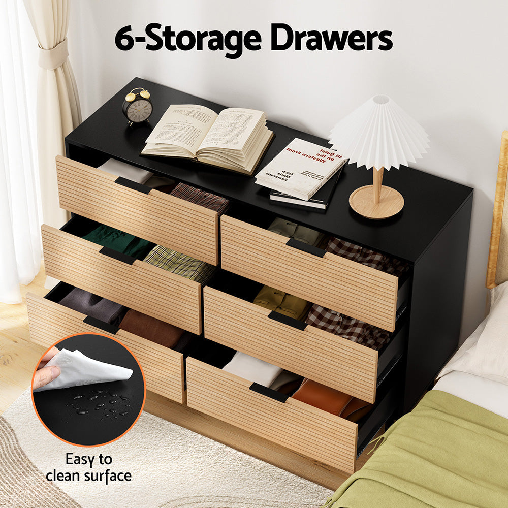 Artiss 6 Chest of Drawers Dresser Table Black&Pine Awezingly