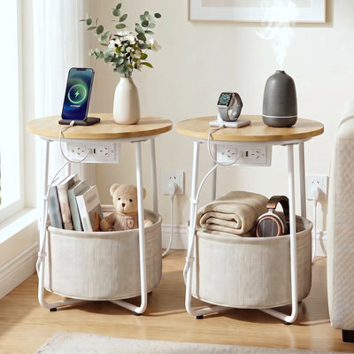 Artiss Set of 2 Round Coffee Table Bedside Side End Table Charging Station Storage Basket